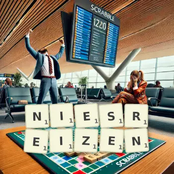Kreative Illustration für ein Scrabble-Spiel, bei dem das Wort NIESREIZEN mit Steinen auf dem Brett gelegt wurde.