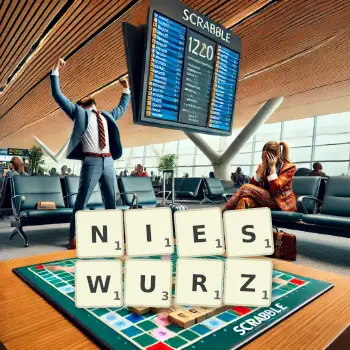 Kreative Illustration für ein Scrabble-Spiel, bei dem das Wort NIESWURZ mit Steinen auf dem Brett gelegt wurde.