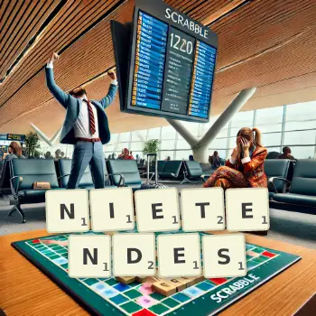 Kreative Illustration für ein Scrabble-Spiel, bei dem das Wort NIETENDES mit Steinen auf dem Brett gelegt wurde.