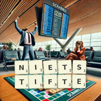 Kreative Illustration für ein Scrabble-Spiel, bei dem das Wort NIETSTIFTE mit Steinen auf dem Brett gelegt wurde.