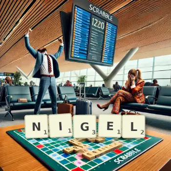 Kreative Illustration für ein Scrabble-Spiel, bei dem das Wort NIGEL mit Steinen auf dem Brett gelegt wurde.