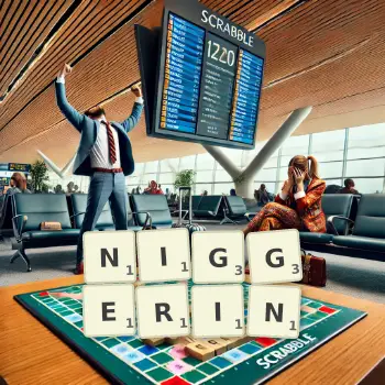 Kreative Illustration für ein Scrabble-Spiel, bei dem das Wort NIGGERIN mit Steinen auf dem Brett gelegt wurde.