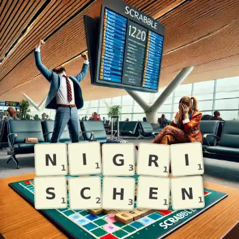 Kreative Illustration für ein Scrabble-Spiel, bei dem das Wort NIGRISCHEN mit Steinen auf dem Brett gelegt wurde.
