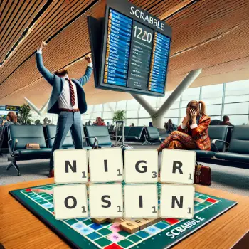 Kreative Illustration für ein Scrabble-Spiel, bei dem das Wort NIGROSIN mit Steinen auf dem Brett gelegt wurde.