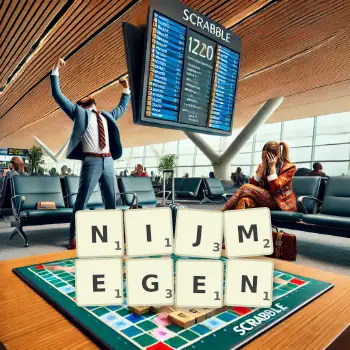Kreative Illustration für ein Scrabble-Spiel, bei dem das Wort NIJMEGEN mit Steinen auf dem Brett gelegt wurde.
