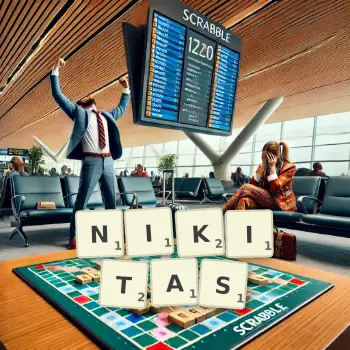 Kreative Illustration für ein Scrabble-Spiel, bei dem das Wort NIKITAS mit Steinen auf dem Brett gelegt wurde.