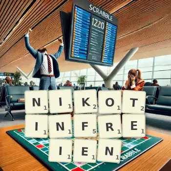 Kreative Illustration für ein Scrabble-Spiel, bei dem das Wort NIKOTINFREIEN mit Steinen auf dem Brett gelegt wurde.