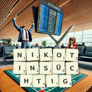 Kreative Illustration für ein Scrabble-Spiel, bei dem das Wort NIKOTINSÜCHTIG mit Steinen auf dem Brett gelegt wurde.