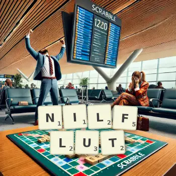 Kreative Illustration für ein Scrabble-Spiel, bei dem das Wort NILFLUT mit Steinen auf dem Brett gelegt wurde.