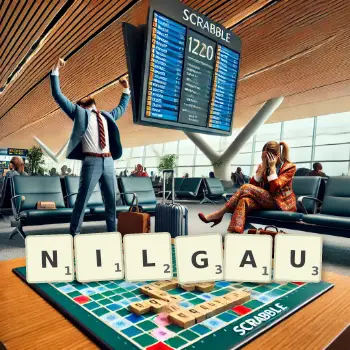 Kreative Illustration für ein Scrabble-Spiel, bei dem das Wort NILGAU mit Steinen auf dem Brett gelegt wurde.