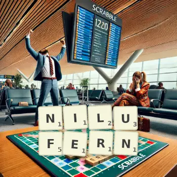 Kreative Illustration für ein Scrabble-Spiel, bei dem das Wort NILUFERN mit Steinen auf dem Brett gelegt wurde.