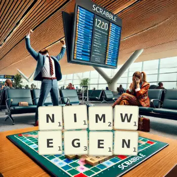 Kreative Illustration für ein Scrabble-Spiel, bei dem das Wort NIMWEGEN mit Steinen auf dem Brett gelegt wurde.