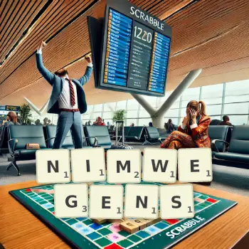 Kreative Illustration für ein Scrabble-Spiel, bei dem das Wort NIMWEGENS mit Steinen auf dem Brett gelegt wurde.