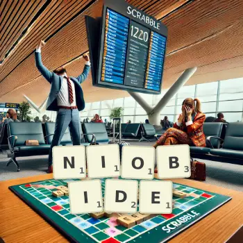 Kreative Illustration für ein Scrabble-Spiel, bei dem das Wort NIOBIDE mit Steinen auf dem Brett gelegt wurde.
