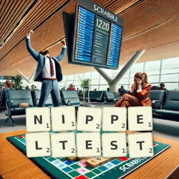Kreative Illustration für ein Scrabble-Spiel, bei dem das Wort NIPPELTEST mit Steinen auf dem Brett gelegt wurde.