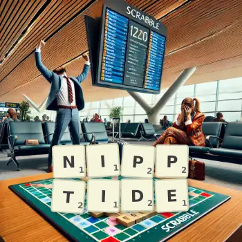 Kreative Illustration für ein Scrabble-Spiel, bei dem das Wort NIPPTIDE mit Steinen auf dem Brett gelegt wurde.