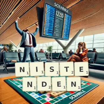Kreative Illustration für ein Scrabble-Spiel, bei dem das Wort NISTENDEN mit Steinen auf dem Brett gelegt wurde.