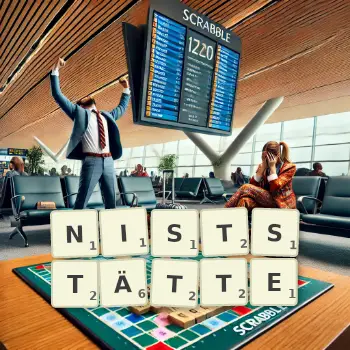 Kreative Illustration für ein Scrabble-Spiel, bei dem das Wort NISTSTÄTTE mit Steinen auf dem Brett gelegt wurde.