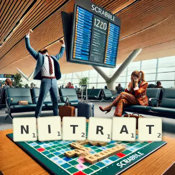 Kreative Illustration für ein Scrabble-Spiel, bei dem das Wort NITRAT mit Steinen auf dem Brett gelegt wurde.