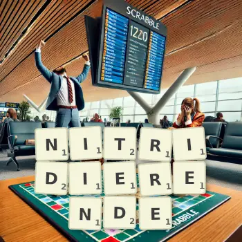 Kreative Illustration für ein Scrabble-Spiel, bei dem das Wort NITRIDIERENDE mit Steinen auf dem Brett gelegt wurde.