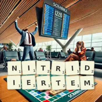 Kreative Illustration für ein Scrabble-Spiel, bei dem das Wort NITRIDIERTEM mit Steinen auf dem Brett gelegt wurde.