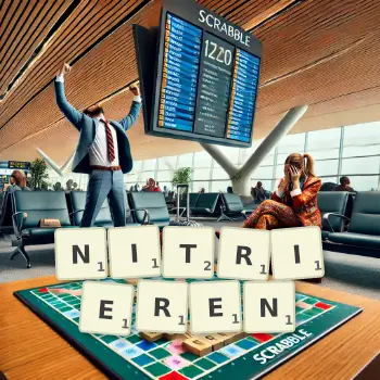 Kreative Illustration für ein Scrabble-Spiel, bei dem das Wort NITRIEREN mit Steinen auf dem Brett gelegt wurde.