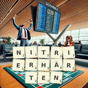 Kreative Illustration für ein Scrabble-Spiel, bei dem das Wort NITRIERHÄRTEN mit Steinen auf dem Brett gelegt wurde.