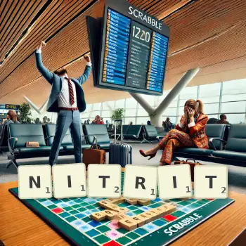 Kreative Illustration für ein Scrabble-Spiel, bei dem das Wort NITRIT mit Steinen auf dem Brett gelegt wurde.