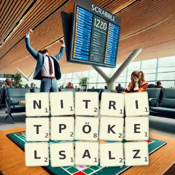 Kreative Illustration für ein Scrabble-Spiel, bei dem das Wort NITRITPÖKELSALZ mit Steinen auf dem Brett gelegt wurde.