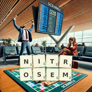 Kreative Illustration für ein Scrabble-Spiel, bei dem das Wort NITROSEM mit Steinen auf dem Brett gelegt wurde.