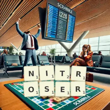 Kreative Illustration für ein Scrabble-Spiel, bei dem das Wort NITROSER mit Steinen auf dem Brett gelegt wurde.