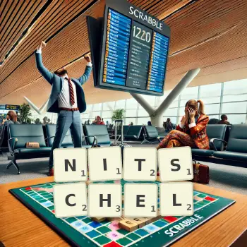 Kreative Illustration für ein Scrabble-Spiel, bei dem das Wort NITSCHEL mit Steinen auf dem Brett gelegt wurde.