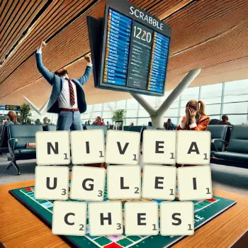 Kreative Illustration für ein Scrabble-Spiel, bei dem das Wort NIVEAUGLEICHES mit Steinen auf dem Brett gelegt wurde.