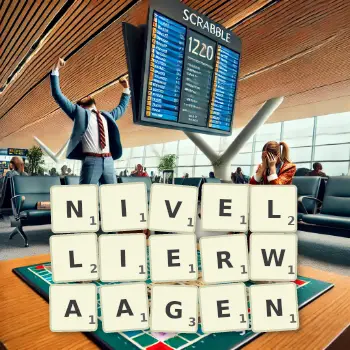 Kreative Illustration für ein Scrabble-Spiel, bei dem das Wort NIVELLIERWAAGEN mit Steinen auf dem Brett gelegt wurde.