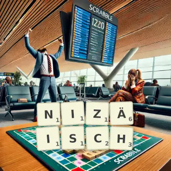 Kreative Illustration für ein Scrabble-Spiel, bei dem das Wort NIZÄISCH mit Steinen auf dem Brett gelegt wurde.