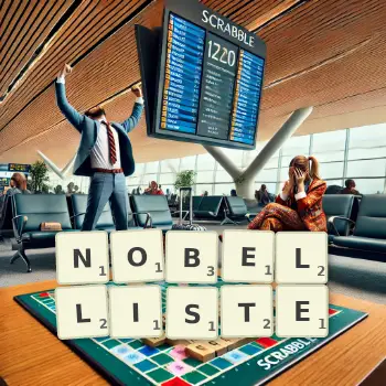 Kreative Illustration für ein Scrabble-Spiel, bei dem das Wort NOBELLISTE mit Steinen auf dem Brett gelegt wurde.