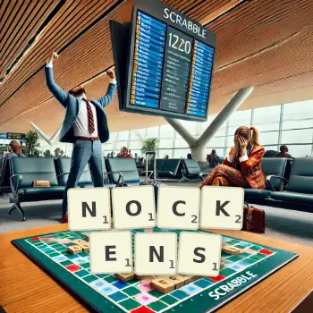Kreative Illustration für ein Scrabble-Spiel, bei dem das Wort NOCKENS mit Steinen auf dem Brett gelegt wurde.