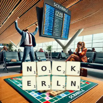 Kreative Illustration für ein Scrabble-Spiel, bei dem das Wort NOCKERLN mit Steinen auf dem Brett gelegt wurde.