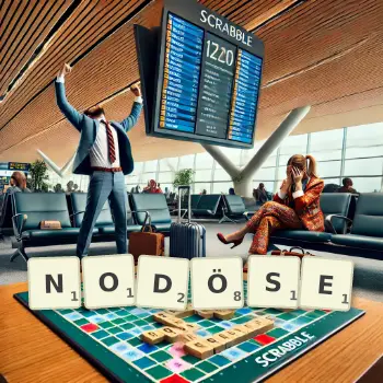 Kreative Illustration für ein Scrabble-Spiel, bei dem das Wort NODÖSE mit Steinen auf dem Brett gelegt wurde.