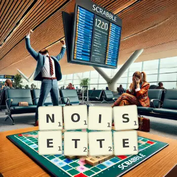 Kreative Illustration für ein Scrabble-Spiel, bei dem das Wort NOISETTE mit Steinen auf dem Brett gelegt wurde.