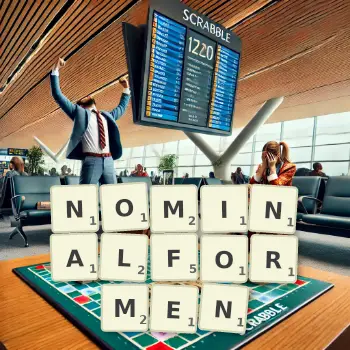 Kreative Illustration für ein Scrabble-Spiel, bei dem das Wort NOMINALFORMEN mit Steinen auf dem Brett gelegt wurde.