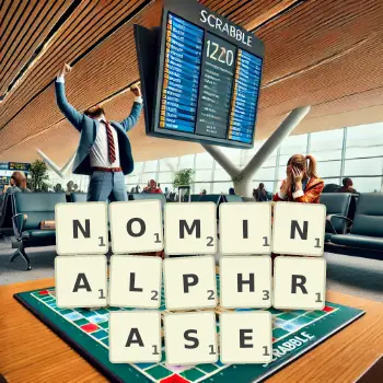 Kreative Illustration für ein Scrabble-Spiel, bei dem das Wort NOMINALPHRASE mit Steinen auf dem Brett gelegt wurde.