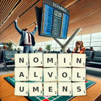 Kreative Illustration für ein Scrabble-Spiel, bei dem das Wort NOMINALVOLUMENS mit Steinen auf dem Brett gelegt wurde.