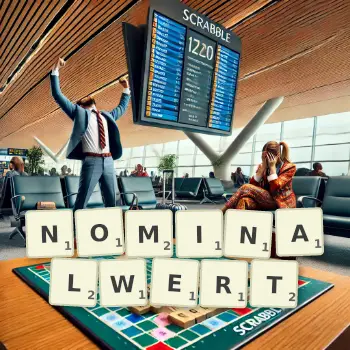 Kreative Illustration für ein Scrabble-Spiel, bei dem das Wort NOMINALWERT mit Steinen auf dem Brett gelegt wurde.