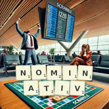 Kreative Illustration für ein Scrabble-Spiel, bei dem das Wort NOMINATIV mit Steinen auf dem Brett gelegt wurde.