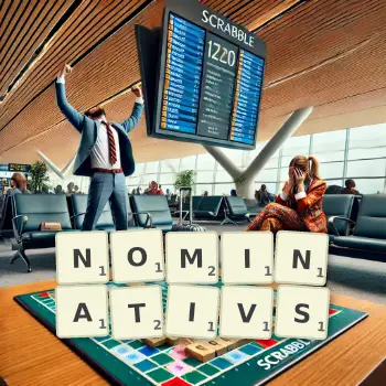 Kreative Illustration für ein Scrabble-Spiel, bei dem das Wort NOMINATIVS mit Steinen auf dem Brett gelegt wurde.