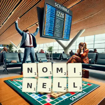 Kreative Illustration für ein Scrabble-Spiel, bei dem das Wort NOMINELL mit Steinen auf dem Brett gelegt wurde.
