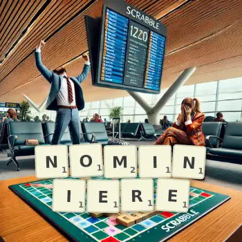 Kreative Illustration für ein Scrabble-Spiel, bei dem das Wort NOMINIERE mit Steinen auf dem Brett gelegt wurde.
