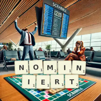 Kreative Illustration für ein Scrabble-Spiel, bei dem das Wort NOMINIERT mit Steinen auf dem Brett gelegt wurde.