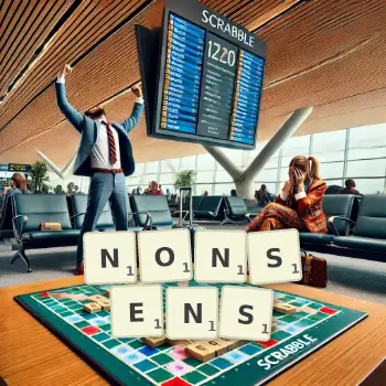 Kreative Illustration für ein Scrabble-Spiel, bei dem das Wort NONSENS mit Steinen auf dem Brett gelegt wurde.